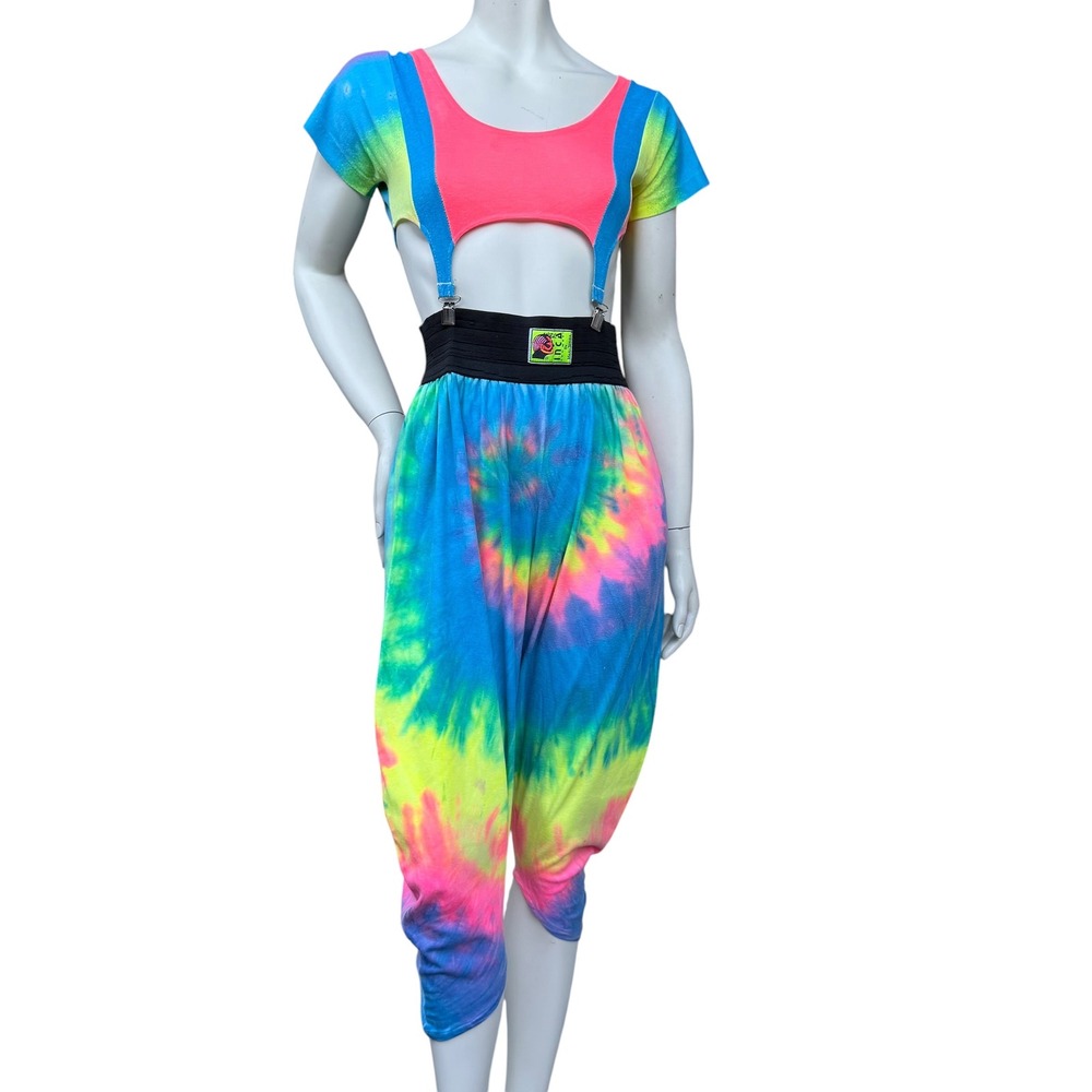Inca Vintage Neon Tie Dye Two Piece Set Suspender Crop Top Harem Pants 80s 90s M